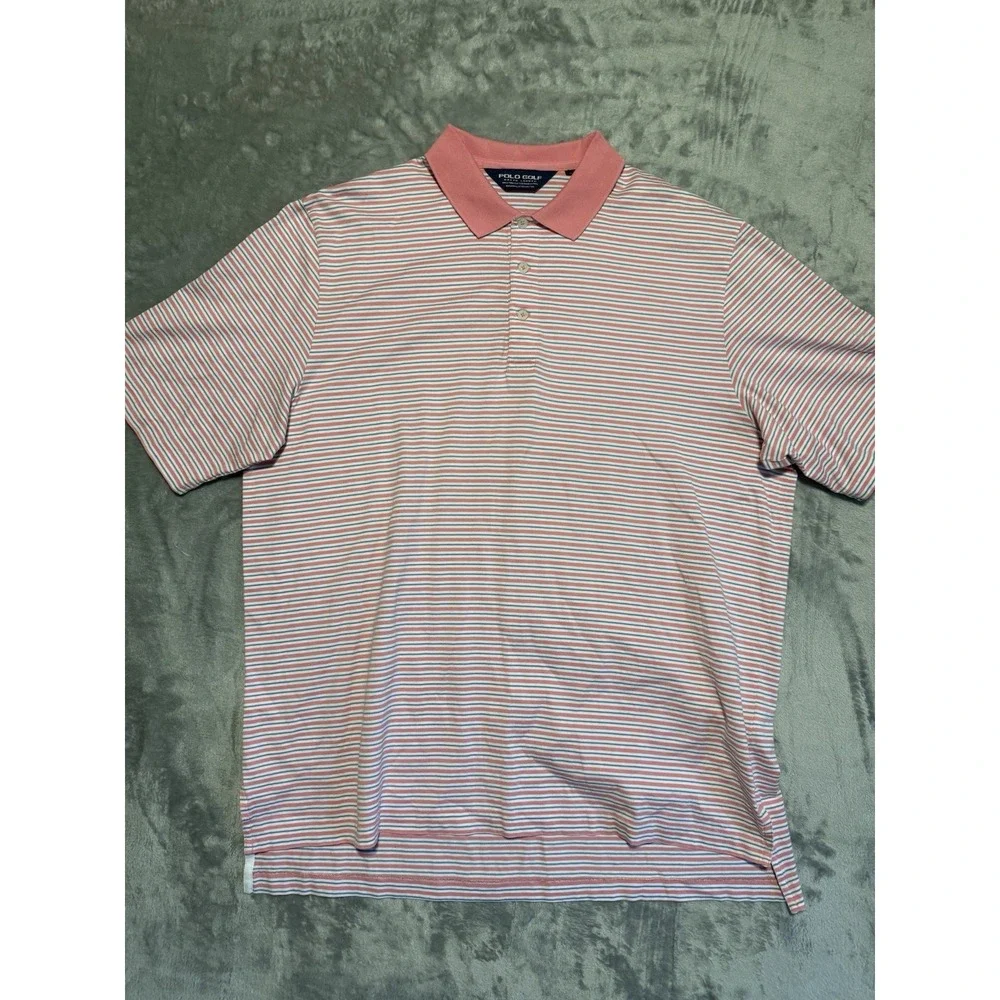 Men's Polo Pink White Blue Stripe Golf Ralph Lauren Shirt Pima Cotton Size Large